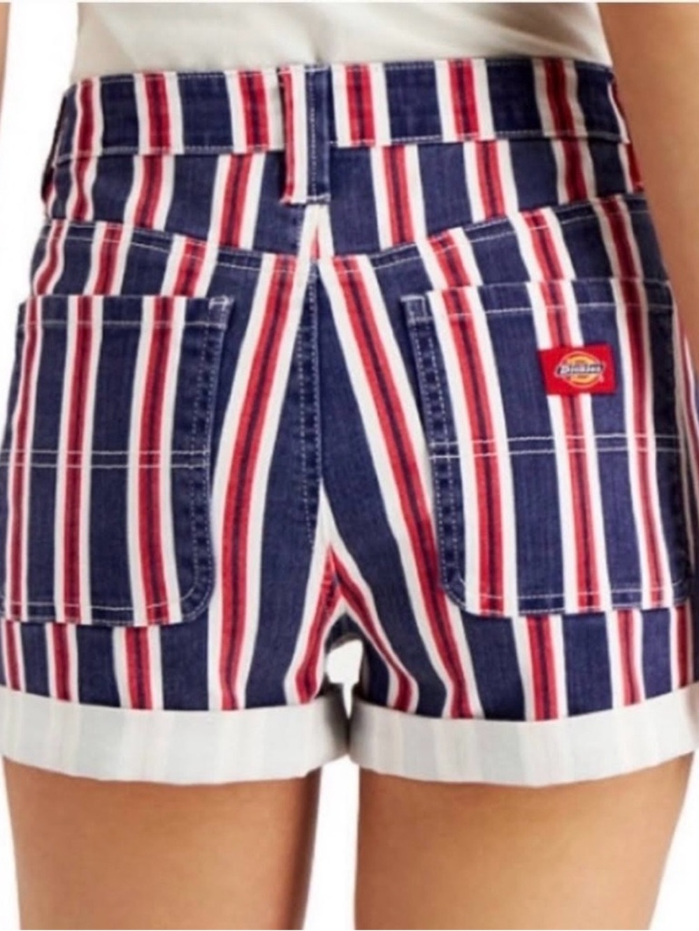 Dickies Red Blue Stripe Cuffed High Waist Denim Shorts Summer Size 30 - Picture 8 of 8